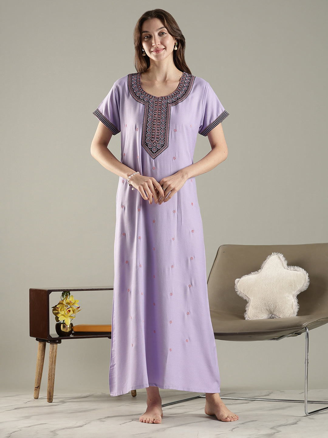 Raatrani A Line Embroidered Nighty for Women Soft Everyday Comfort