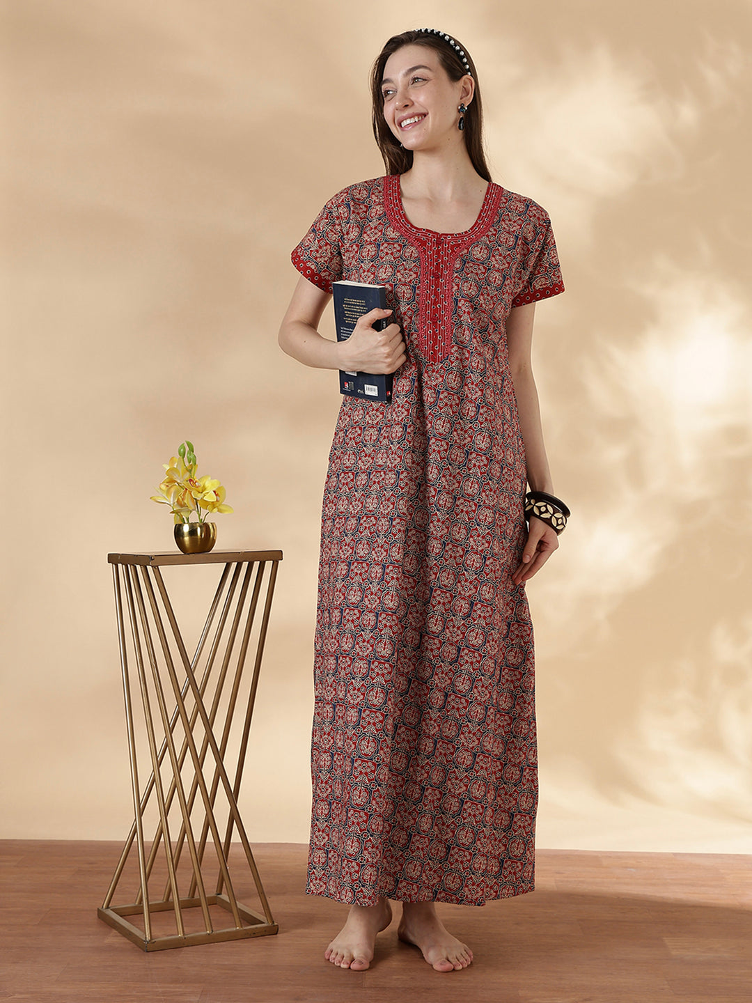 Ajrakh Rust Cotton Nighty for Women Floral A Line Comfort