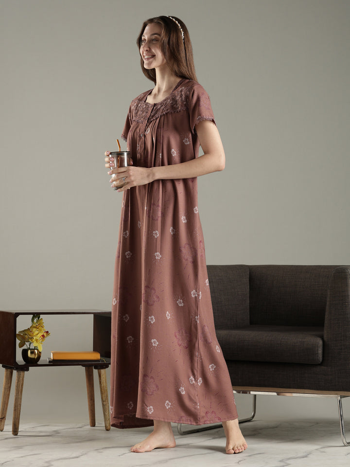 Floral Alpine Pleated Nighty for Women with Soft Lace Neck