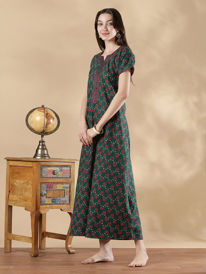 Pure Cotton Floral A Line Nighty for Women Relaxed Comfort