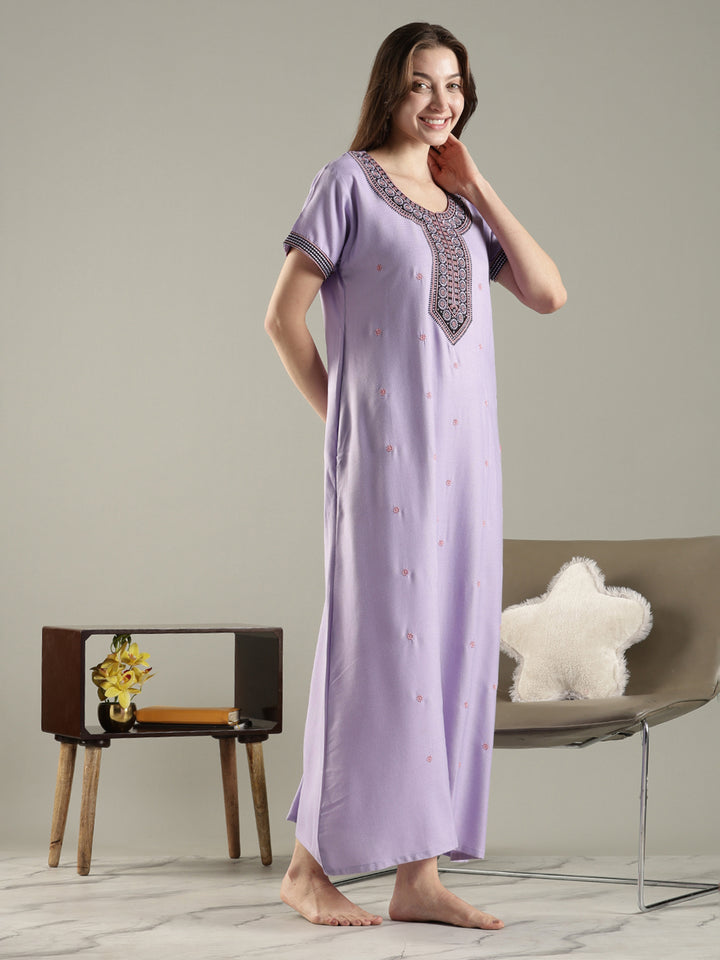 Raatrani A Line Embroidered Nighty for Women Soft Everyday Comfort