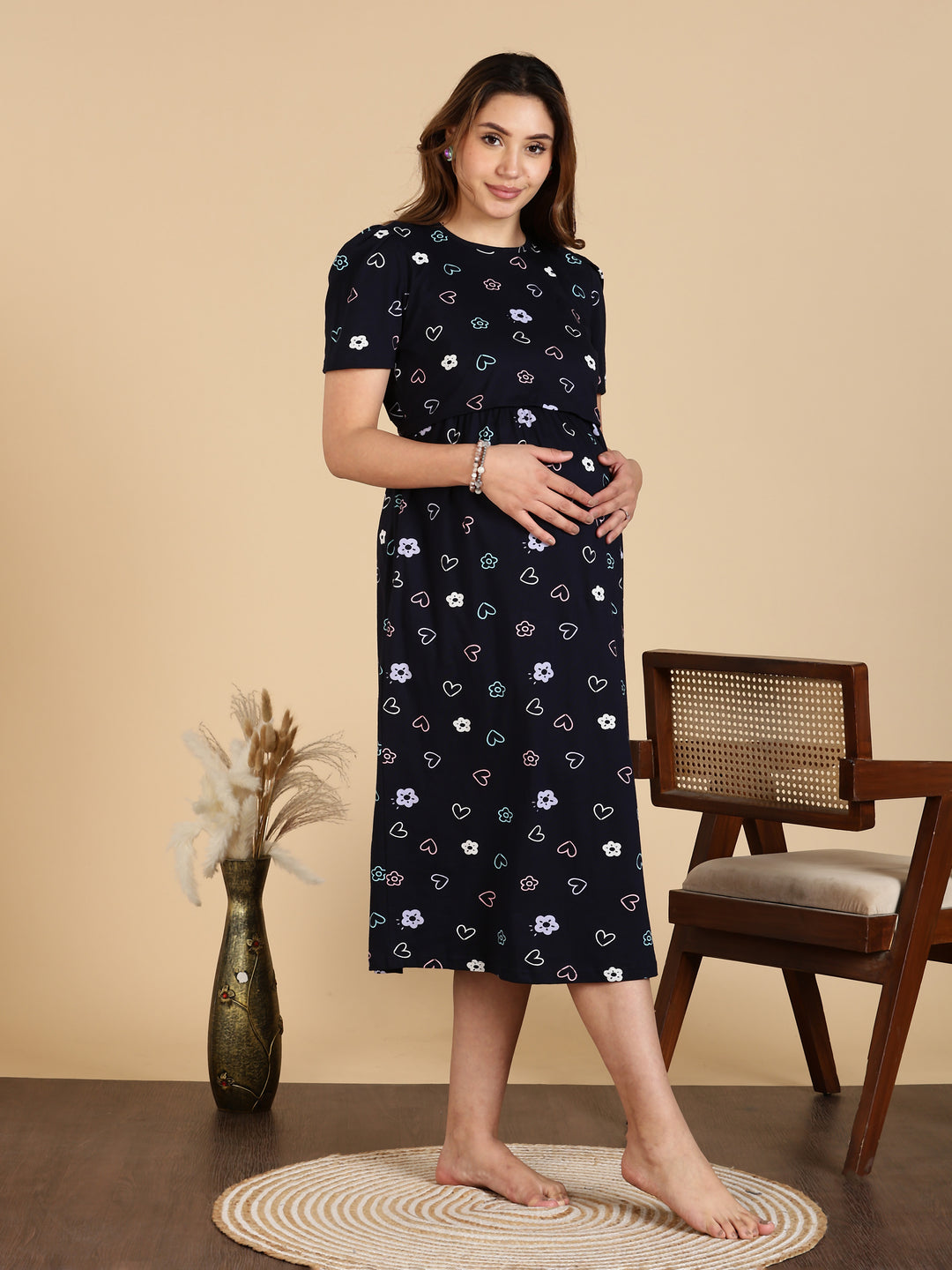 Navy Blue Zipless Maternity Feeding Nighty for Women