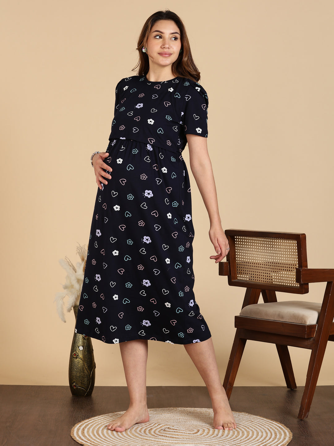 Navy Blue Zipless Maternity Feeding Nighty for Women