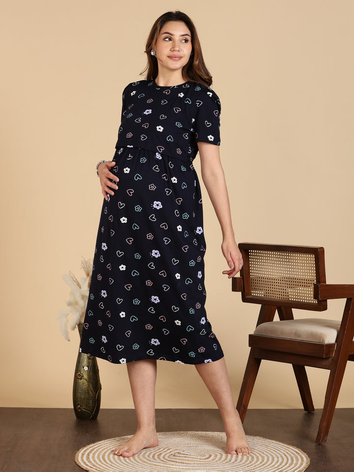 Navy Blue Zipless Maternity Feeding Nighty for Women