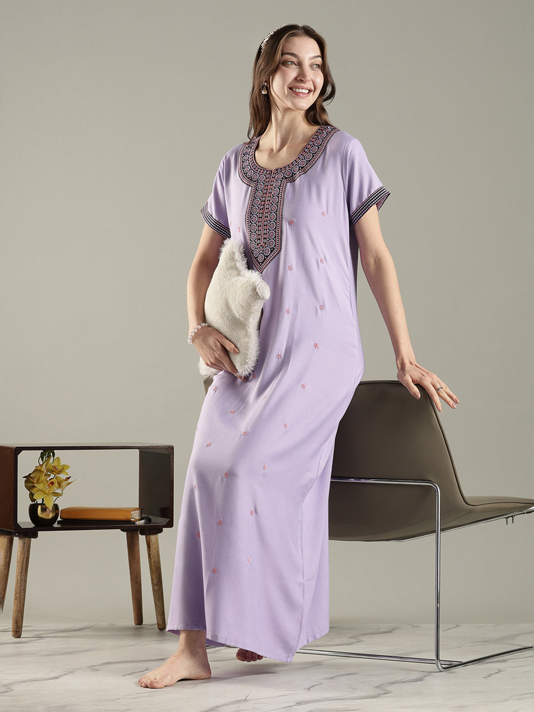 Raatrani A Line Embroidered Nighty for Women Soft Everyday Comfort