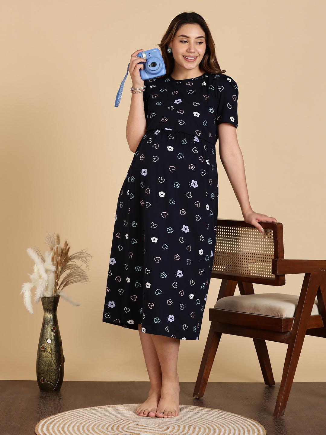 Navy Blue Zipless Maternity Feeding Nighty for Women