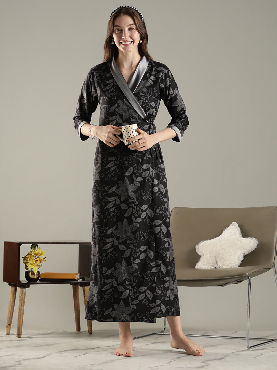 Wrap Style Floral House Coat for Women in Breathable Viscose