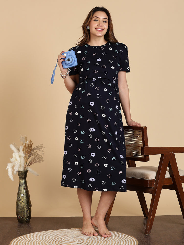 Navy Blue Zipless Maternity Feeding Nighty for Women