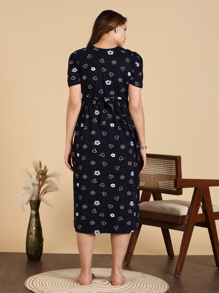 Navy Blue Zipless Maternity Feeding Nighty for Women