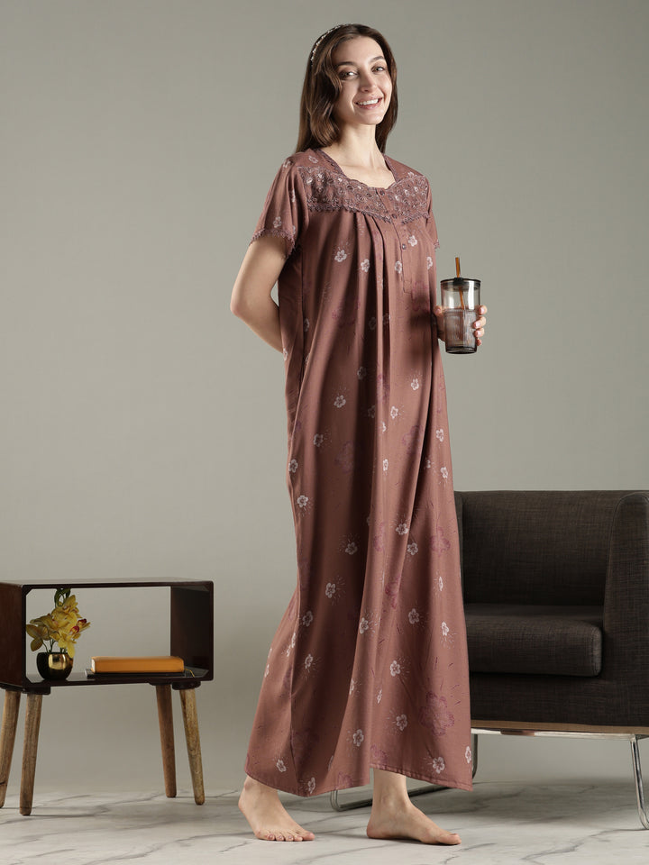 Floral Alpine Pleated Nighty for Women with Soft Lace Neck