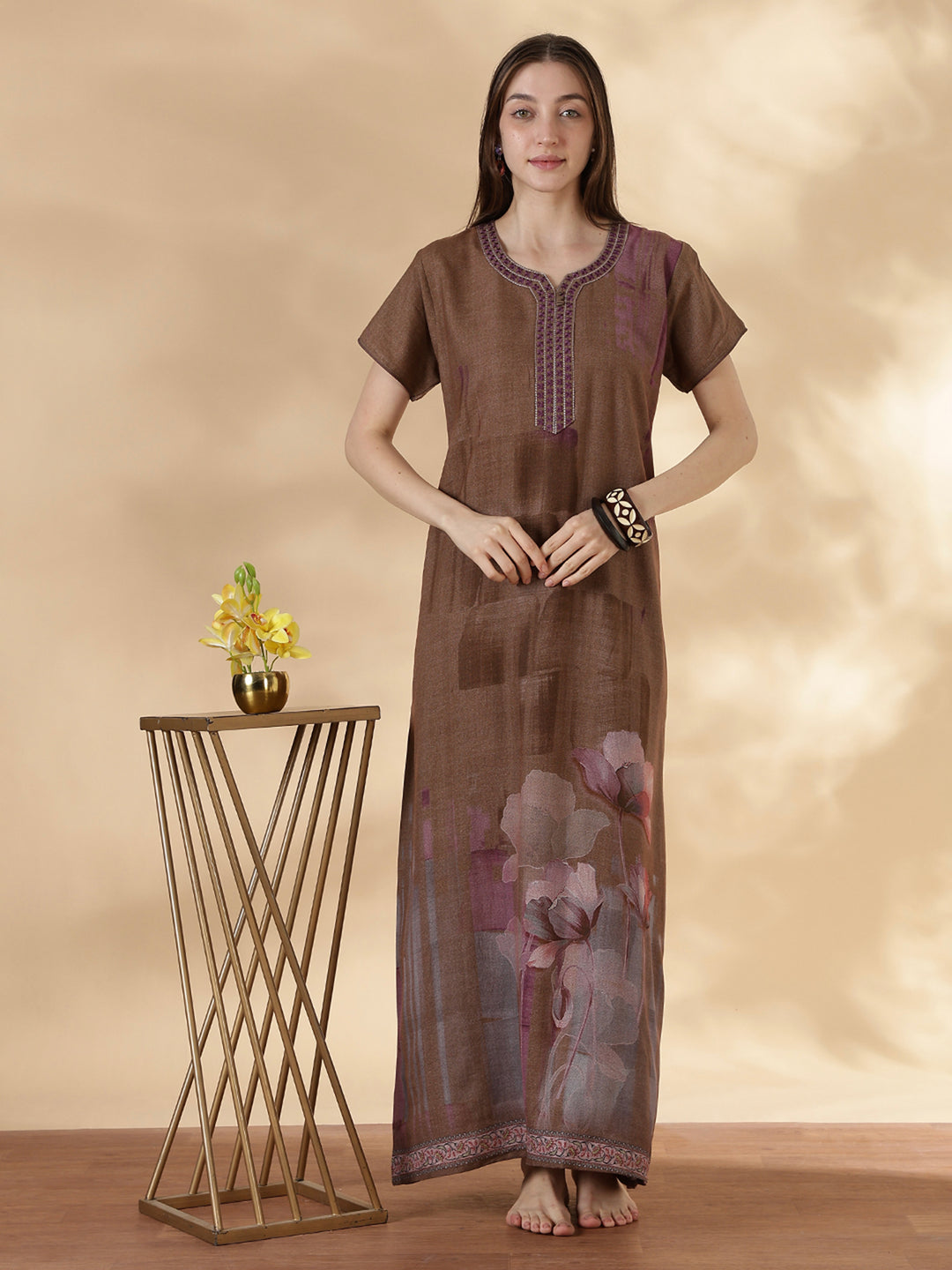 Alpine A Line Nighty for Women Floral Print Mocha