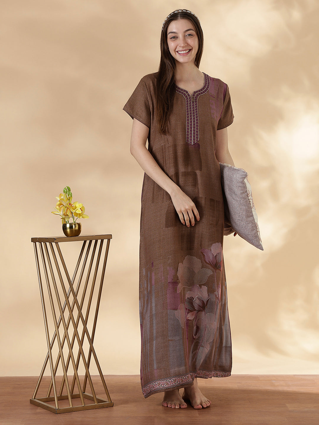 Alpine A Line Nighty for Women Floral Print Mocha