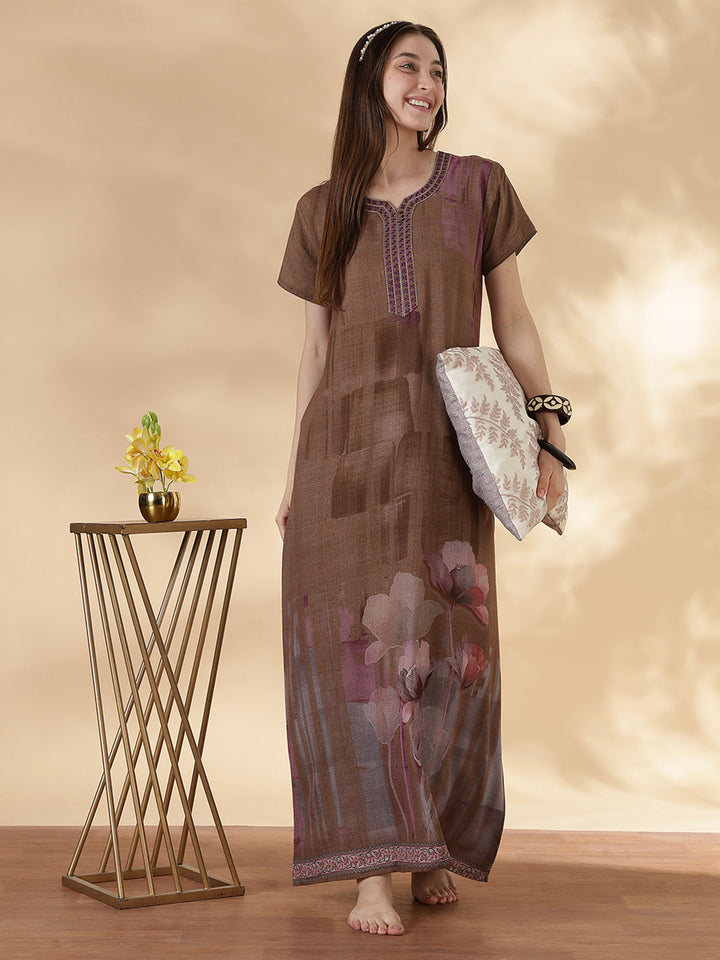 Alpine A Line Nighty for Women Floral Print Mocha