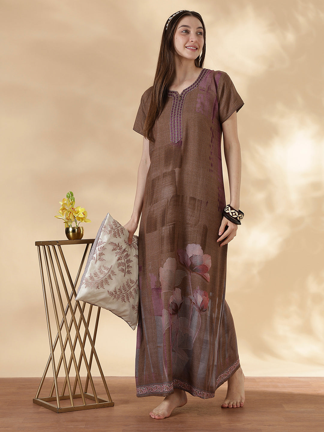 Alpine A Line Nighty for Women Floral Print Mocha