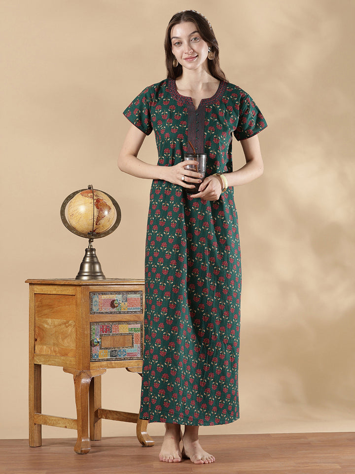 Pure Cotton Floral A Line Nighty for Women Relaxed Comfort