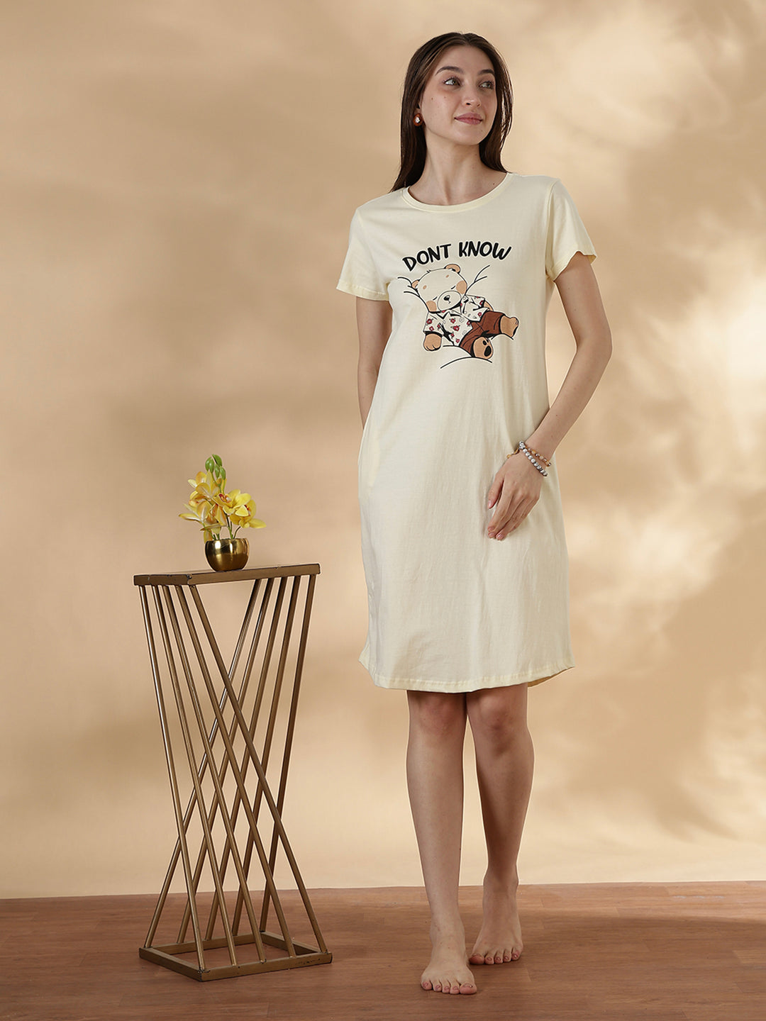 Cream Graphic Cotton Short Nighty for Women Knee Length Plus Size