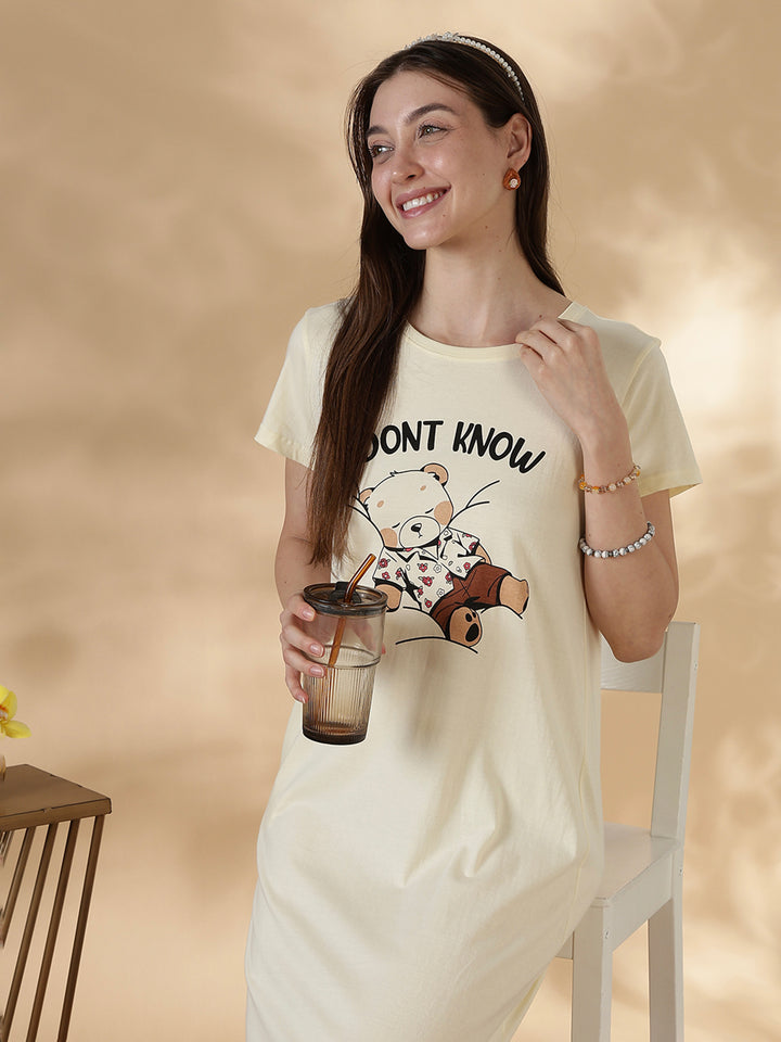 Cream Graphic Cotton Short Nighty for Women Knee Length Plus Size