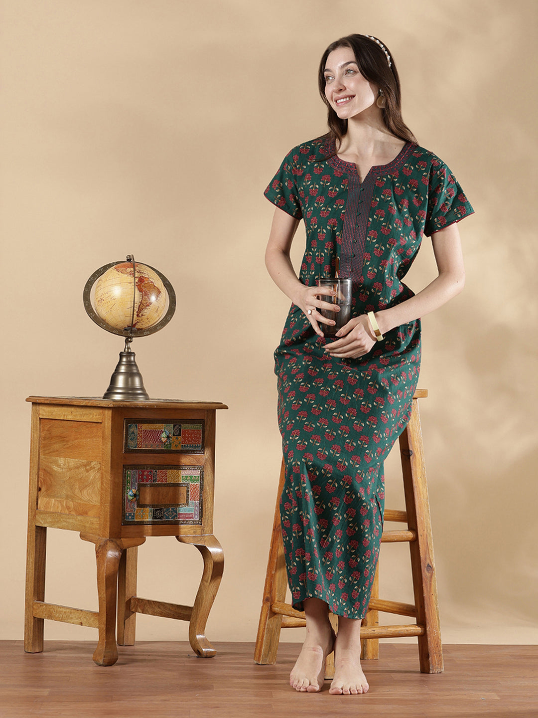 Pure Cotton Floral A Line Nighty for Women Relaxed Comfort