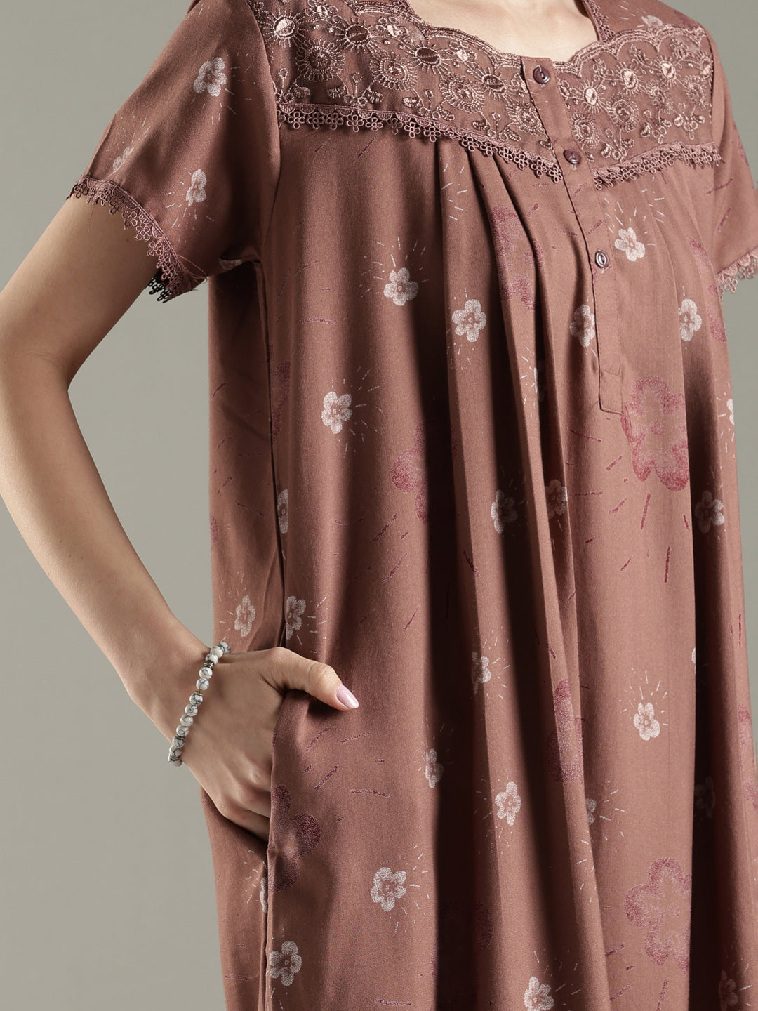 Floral Alpine Pleated Nighty for Women with Soft Lace Neck