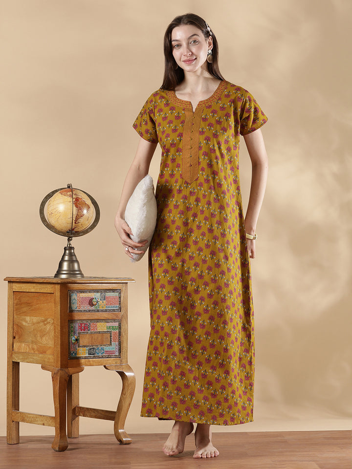 Pure Cotton Floral A Line Nighty for Women Soft Feel
