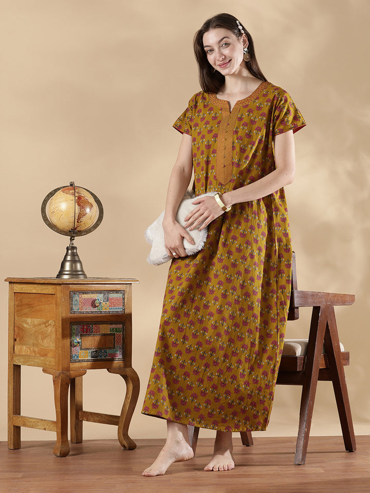 Pure Cotton Floral A Line Nighty for Women Soft Feel