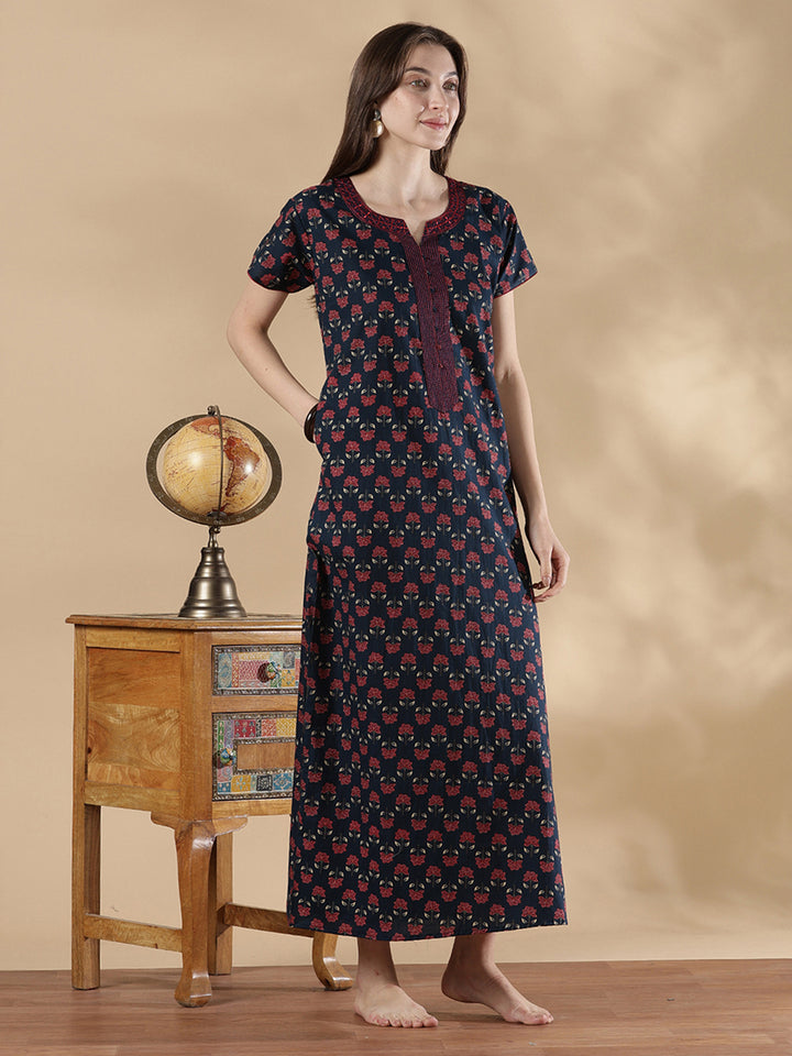 Pure Cotton Floral A Line Nighty for Women Classic Fit