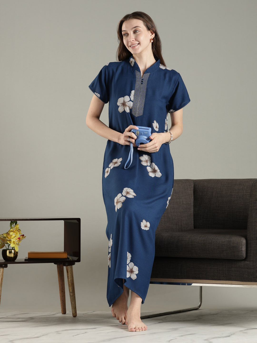 Alpine Floral A Line Nighty for Women with Pocket in Twilight Azure