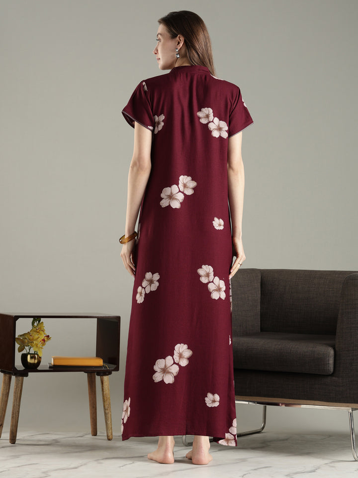 Alpine Floral A Line Nighty for Women with Pocket in Twilight Garnet