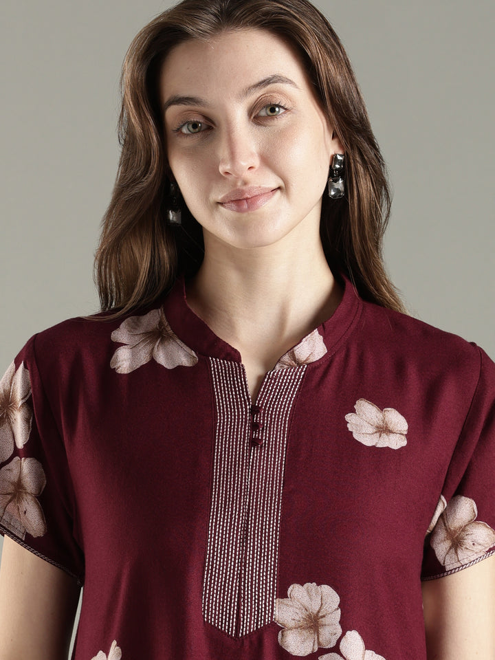 Alpine Floral A Line Nighty for Women with Pocket in Twilight Garnet