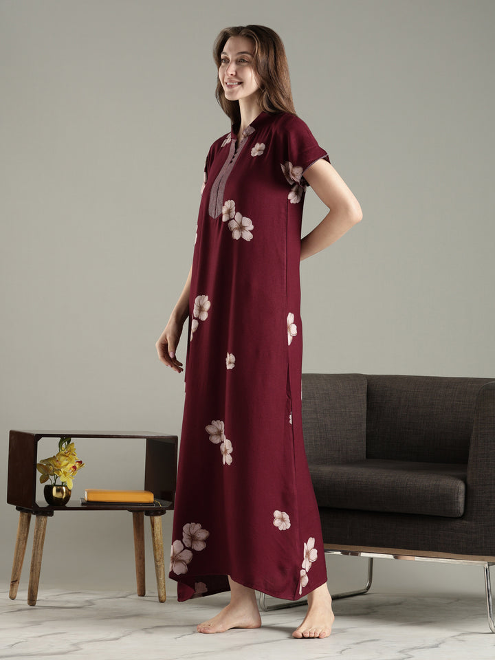 Alpine Floral A Line Nighty for Women with Pocket in Twilight Garnet
