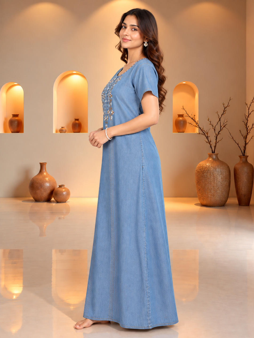 Intricate Embroidery Sky Blue Nighty - Luxurious Cotton Lounge Wear