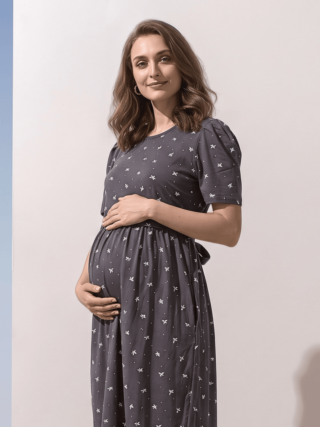 Curly Blue Swirl Print Cotton Maternity Nighty with Feeding Flap