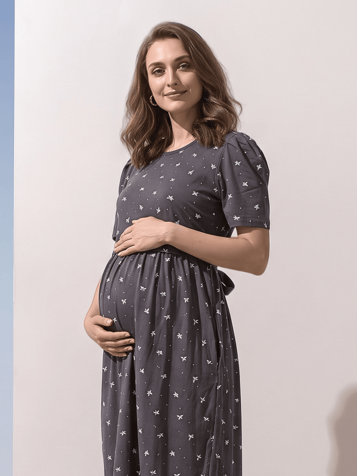 Curly Blue Swirl Print Cotton Maternity Nighty with Feeding Flap