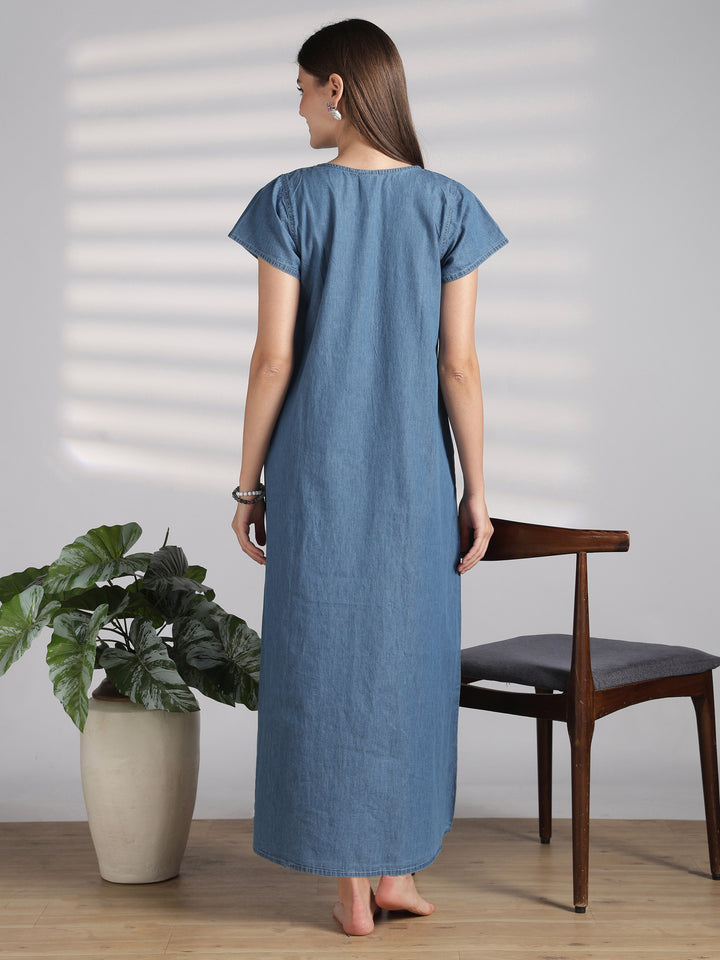 Chic Denim Feel Nighty with Boho Floral Embroidery