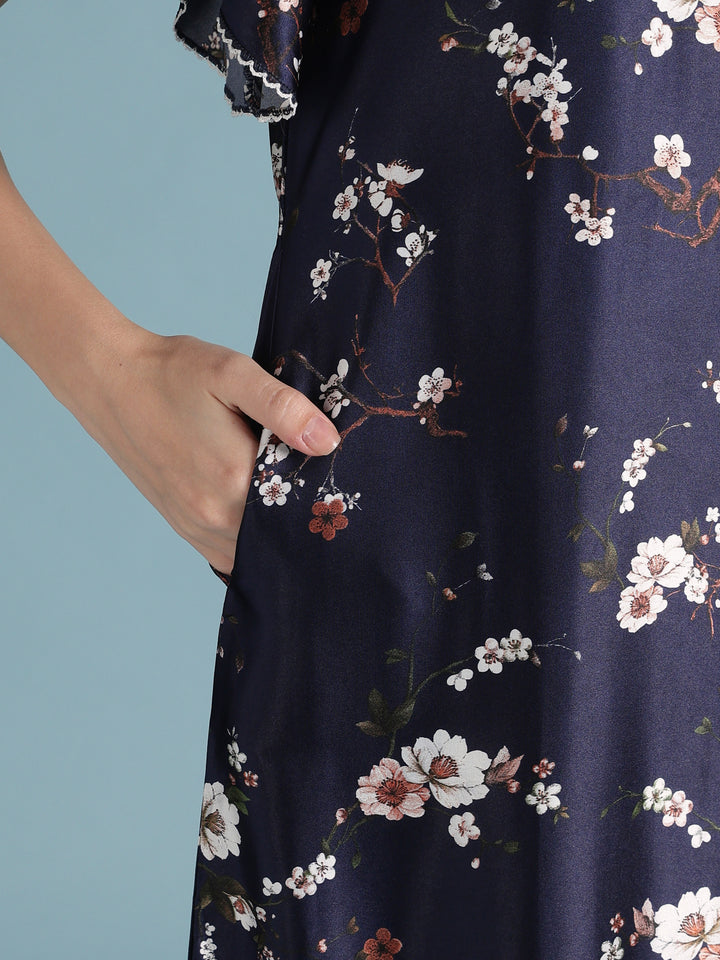 Floral Satin Nighty with Scalloped Ruffle Sleeves for Women