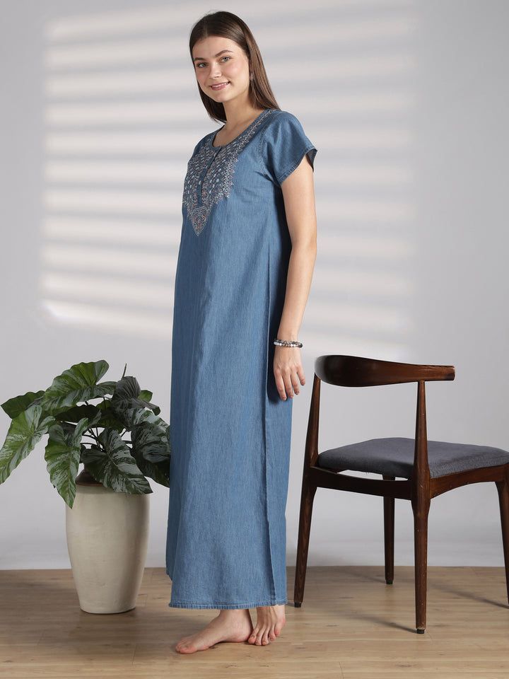 Chic Denim Feel Nighty with Boho Floral Embroidery