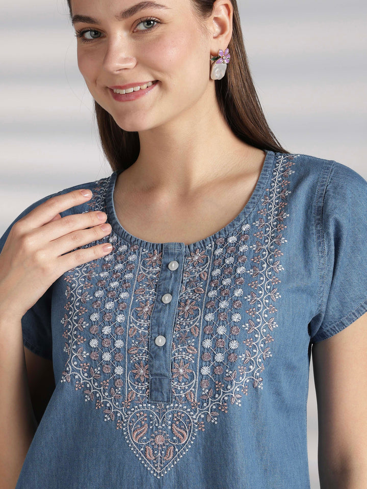 Chic Denim Feel Nighty with Boho Floral Embroidery