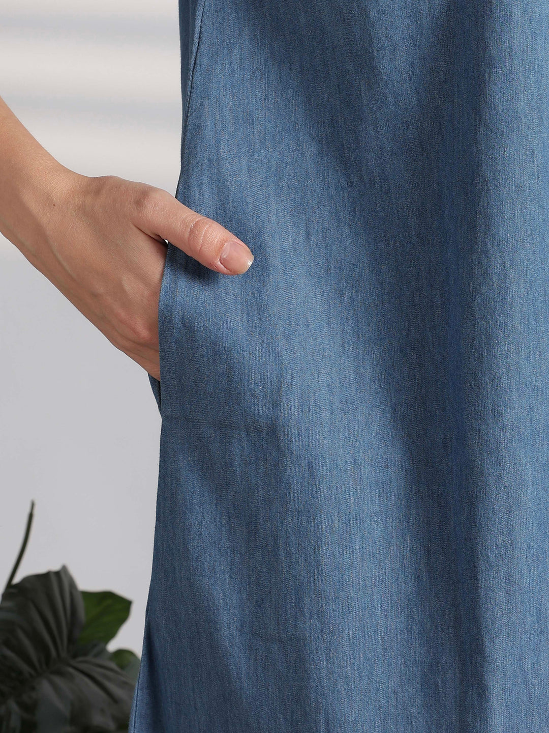 Chic Denim Feel Nighty with Boho Floral Embroidery