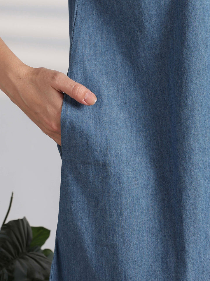 Chic Denim Feel Nighty with Boho Floral Embroidery