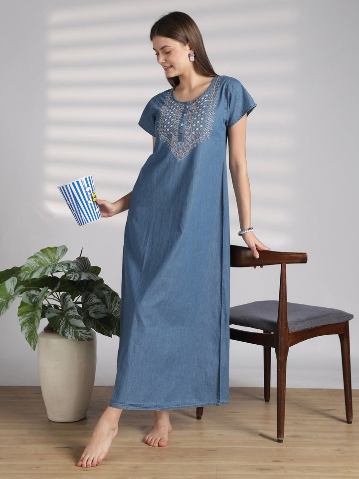Chic Denim Feel Nighty with Boho Floral Embroidery