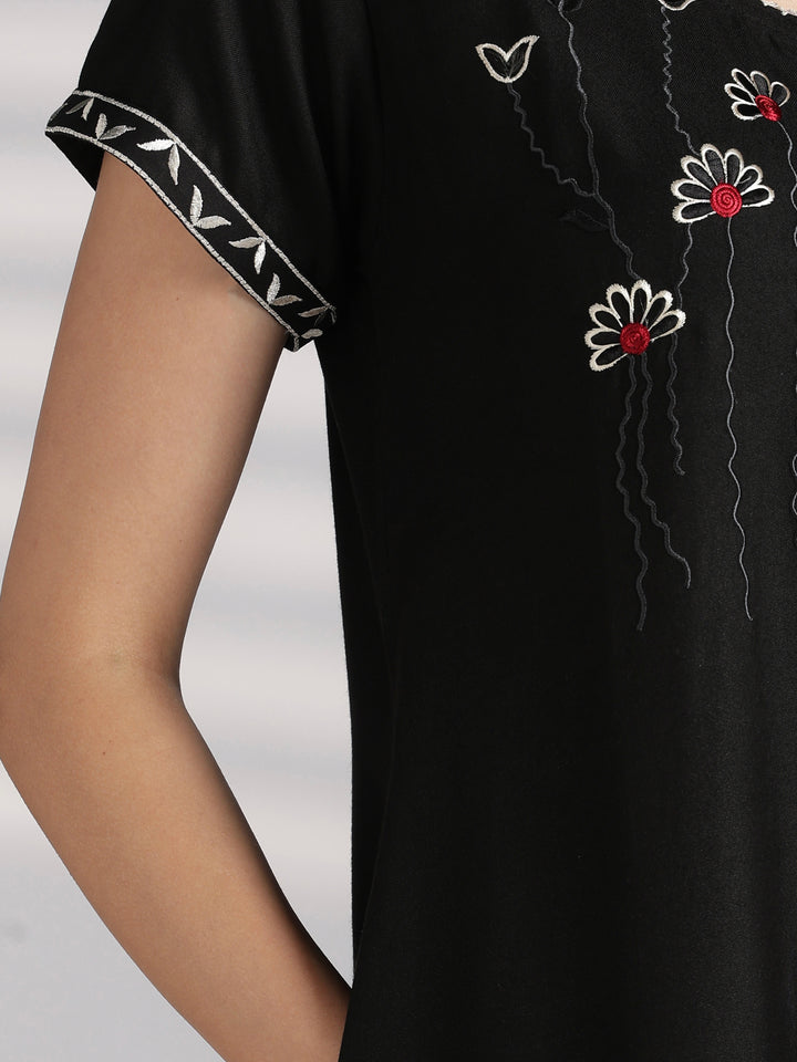Elegant Alpine Nighty with Front Buttons and Embroidered Neck