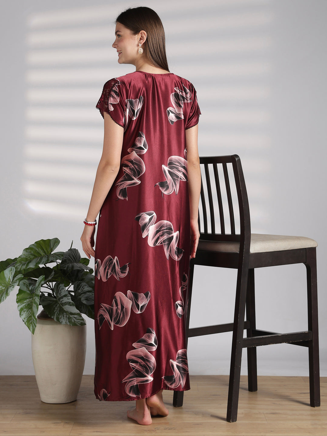 Smoky Print Satin Nighty for Women with Lace Sleeve Detail