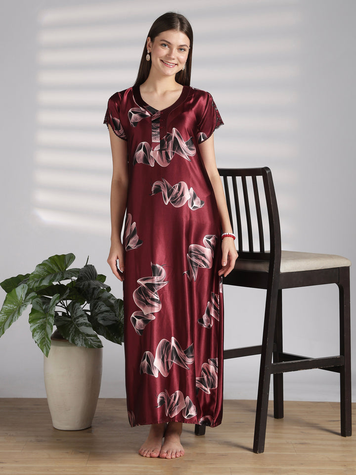 Smoky Print Satin Nighty for Women with Lace Sleeve Detail