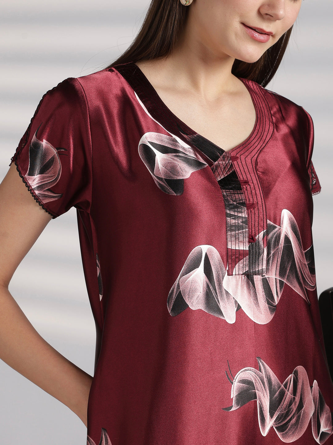 Smoky Print Satin Nighty for Women with Lace Sleeve Detail