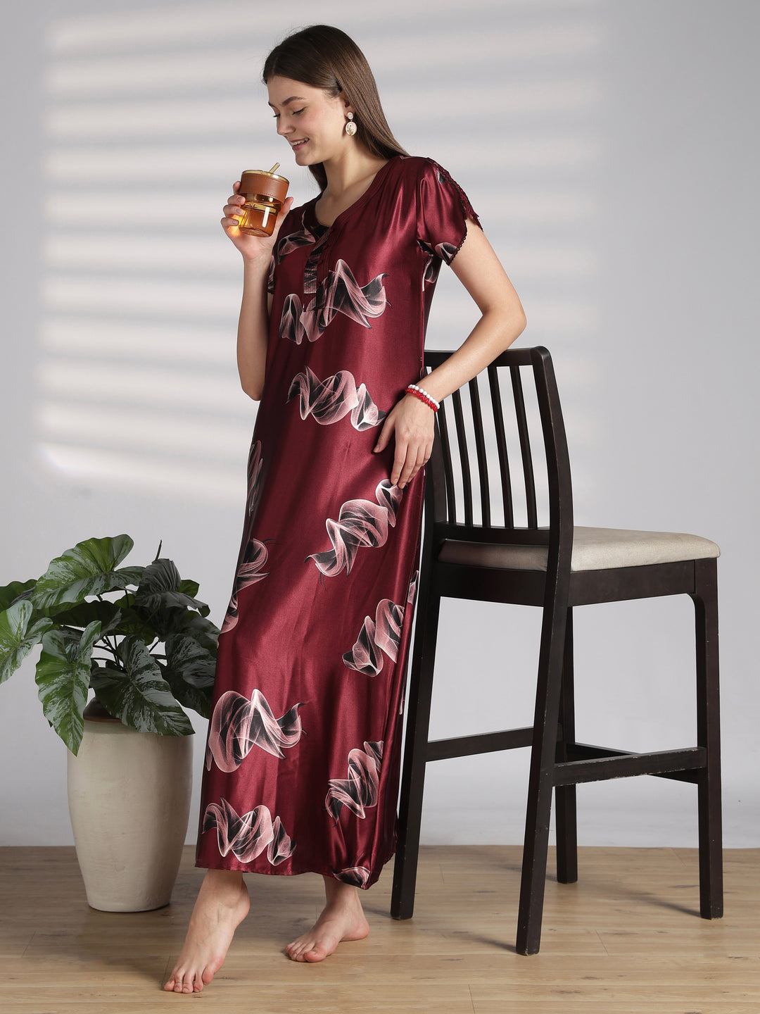 Smoky Print Satin Nighty for Women with Lace Sleeve Detail