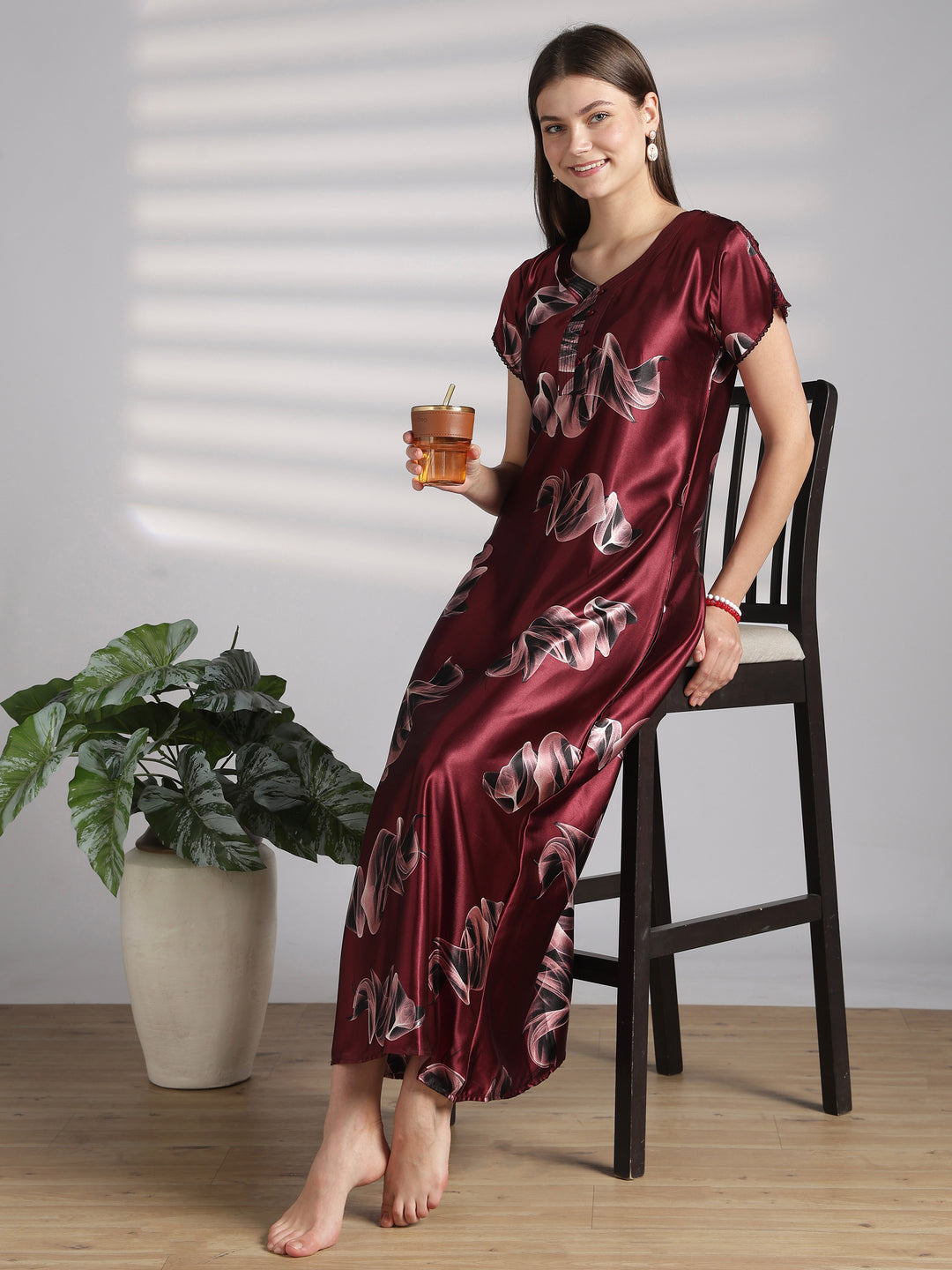 Smoky Print Satin Nighty for Women with Lace Sleeve Detail