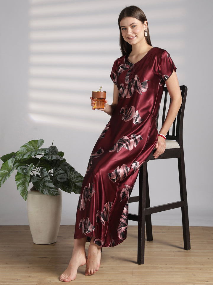 Smoky Print Satin Nighty for Women with Lace Sleeve Detail