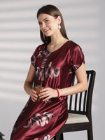 Smoky Print Satin Nighty for Women with Lace Sleeve Detail