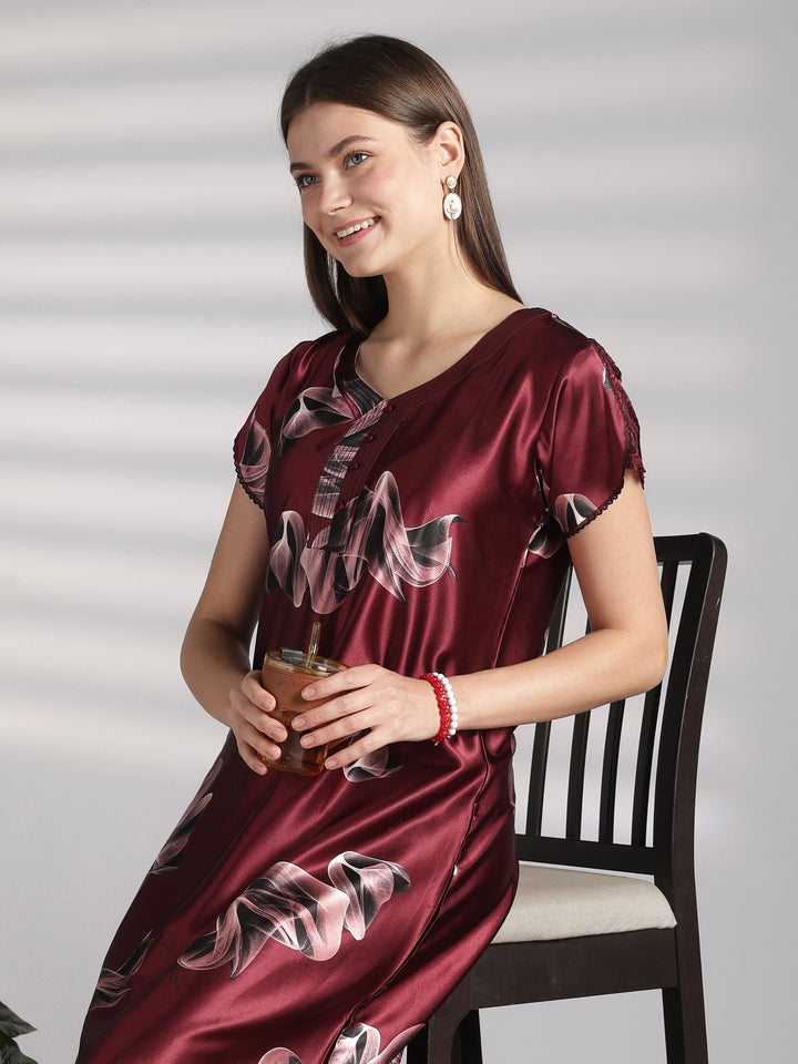 Smoky Print Satin Nighty for Women with Lace Sleeve Detail