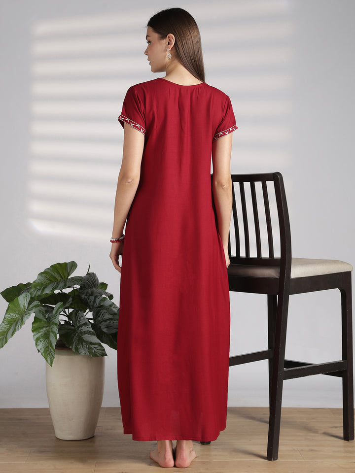 Designer Alpine Nighty with Embroidered Neck and Pocket